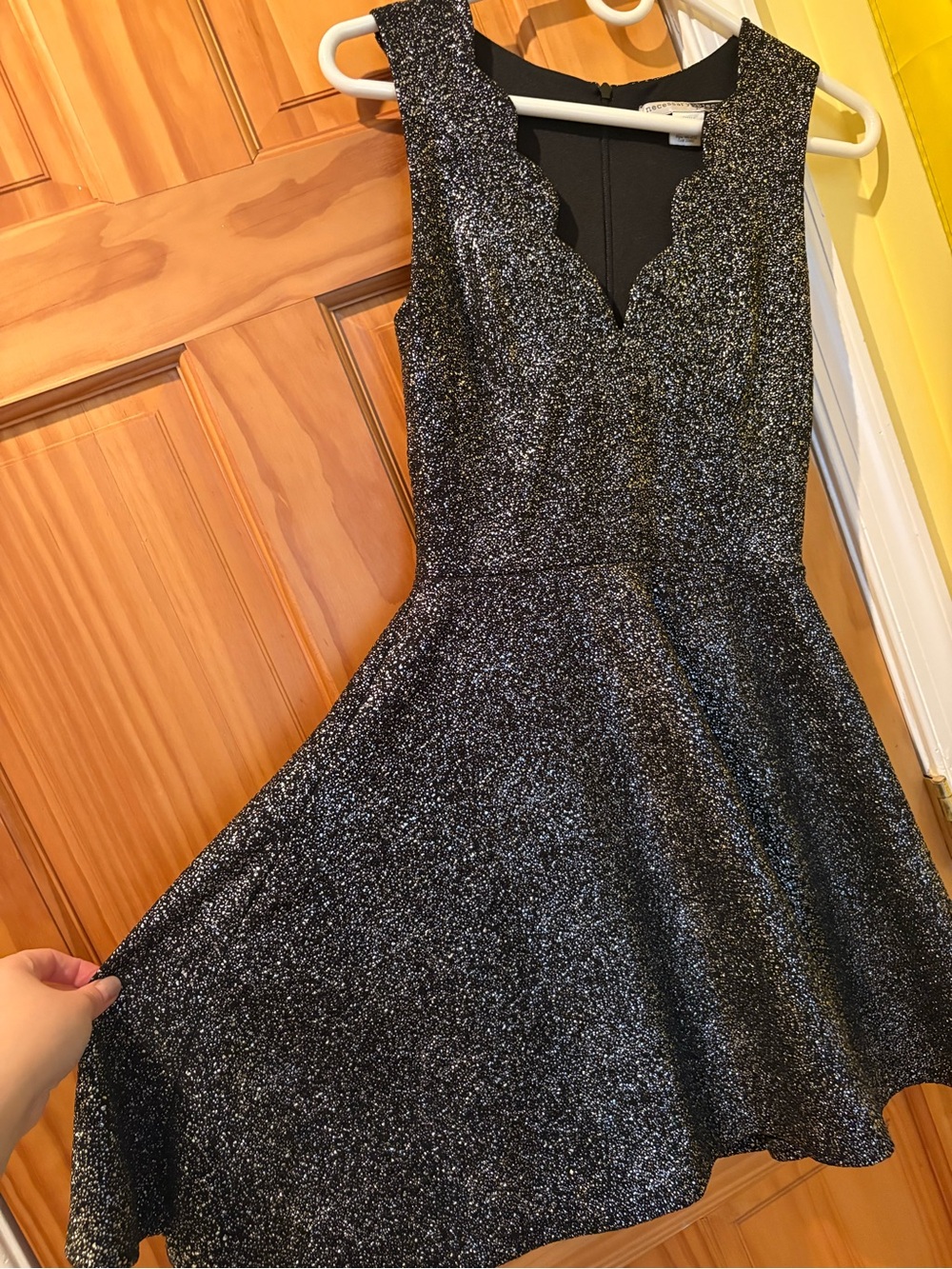 Black Glitter Scalloped V-Neck Fit & Flare Dress